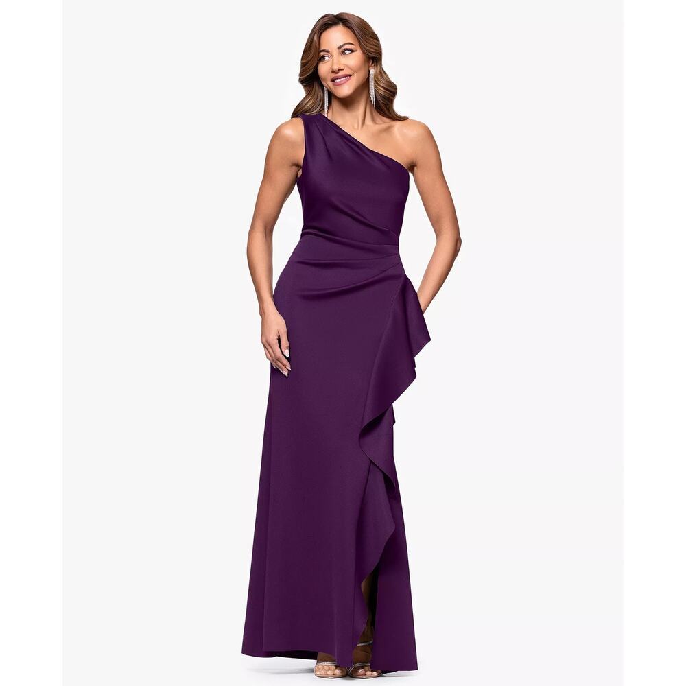 Xscape Gathered-Waist One-Shoulder Evening Gown Dress Pulm Size 4 Petite NWT